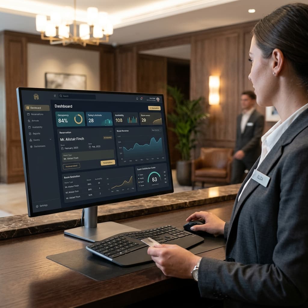 Professional hotel receptionist monitoring a Multi-Agent system